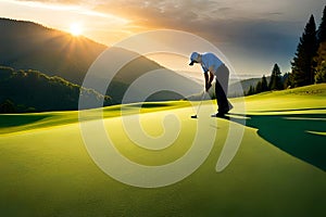 A golfer\'s putter resting on the green, casting a shadow over the precise line they are studying before a critical putt