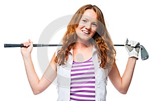 Golfer is smiling while laying a golf club on his shoulders