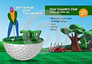 Golfer standing on half golf ball. Golf ticket horizontal brochure template