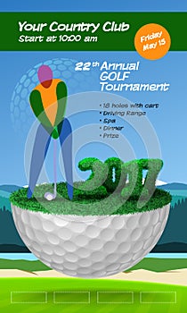 Golfer standing on half golf ball. Golf ticket vertical brochure