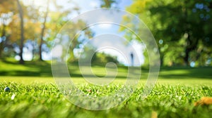 A golfer walks onto a lush green at a resort golf course under a clear sky. Blurred human motion, Ai Generated