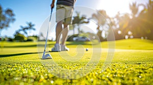 A golfer walks onto a lush green at a resort golf course under a clear sky. Blurred human motion, Ai Generated