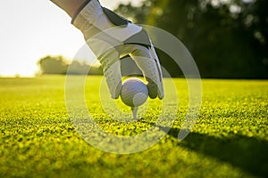 Golfer wearing glove placing golf ball on a tee at golf course