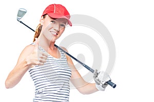 Golfer young and successful with golf club on white