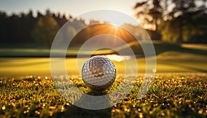 Golfers playing on green grass under the sunset golden sunlight generated by AI