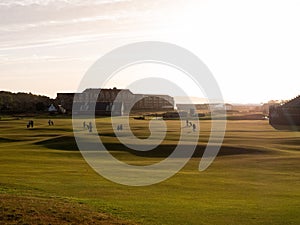 Golfers walking across beautiful and legendary Old Course at St Andrews in Scotland during sunset