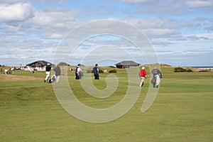 Golfers walking across golf course