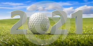 Golfing 2021. New year, green grass field, blue sky background. 3d illustration