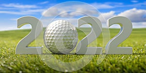 Golfing 2022. New year, green grass field, blue sky background. 3d illustration