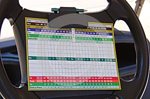 Golfing score card on golf cart steering wheel