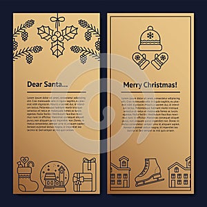 Golg and Blue Christmas Template Note for Santa. Flyer with Copyspace and illustrations of Mistletoe, Pinecone, Sock photo
