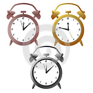 Golg, silver and bronze alarm clocks. Vector illustration photo