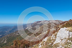 Goli Vrh - Panoramic view of the mountain chains of the Dinaric Alps seen from Goli Vrh near Budva, Montenegro, Balkan, Europe