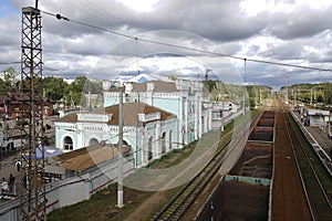Panoramic view of Golitsyno railways station in Moscow region, Russia.