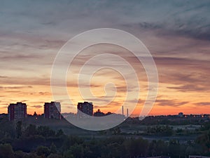 GOMEL, BELARUS City skyline with fog at dusk