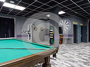 Gomel, BELARUS - December 1, 2022: Interior of the billiard club Duplet