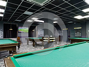 Gomel, BELARUS - December 1, 2022: Interior of the billiard club Duplet