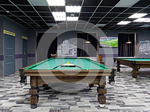 Gomel, BELARUS - December 1, 2022: Interior of the billiard club Duplet