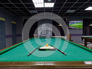 Gomel, BELARUS - December 1, 2022: Interior of the billiard club Duplet