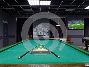 Gomel, BELARUS - December 1, 2022: Interior of the billiard club Duplet