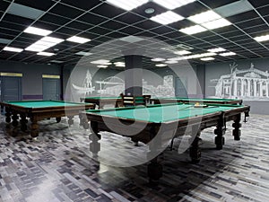 Gomel, BELARUS - December 1, 2022: Interior of the billiard club Duplet