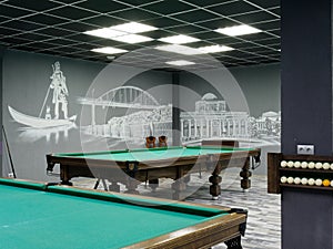 Gomel, BELARUS - December 1, 2022: Interior of the billiard club Duplet