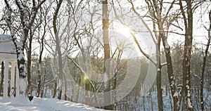 Gomel, Belarus. Gazebo Covered Snow In Snowy City Park During Sunny Winter Evening