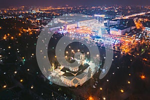 Gomel, Belarus. Main Christmas Tree And Festive Illumination On Square In Homel. New Year In Belarus. Aerial Night View photo