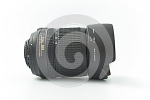 GOMEL, Belarus - MARCH 20, 2018: NIKKOR 18 - 105 photo-project on a white background.