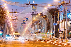 Gomel, Belarus. Morning Traffic, Public Trolleybus On Lenina Ave photo