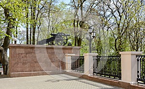 Gomel Palace and Park Ensemble. Guns are installed near the palace tower. The palace is an architectural monument of the end of