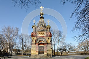 Gomel Palace and Park Ensemble. View of the chapel-tomb of the Paskevich family. Carved stone and art metal, red terracotta and