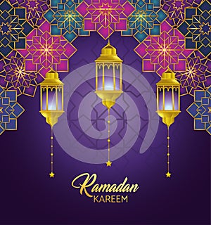 Gometric flowers with lamps hanging to ramadan kareem