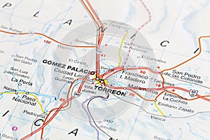 Gomez Palacio road map area. Closeup macro view