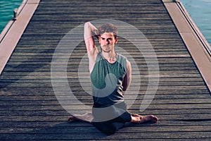 Gomukhasana, yoga posture of an asana that stretches back, cow head posture