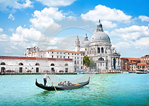 Gondola on Canal Grande with Basilica di Santa Maria della Salute, Venice, Italy