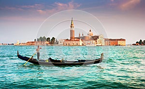 Gondola on Canal Grande with San Giorgio Maggiore at sunset, Venice, Italy