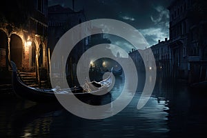 Gondola on a canal at night in Venice, Italy, An elegant gondola floating on a moonlit Venetian canal, AI Generated