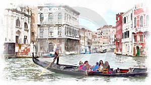 Gondola in a canal in Venice, Italy. Watercolor landscape of Venice, Italy
