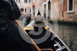 Gondola with a gondolier and a tourist girl close-up. Generative AI