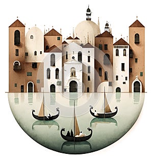 Gondola on the Grand Canal in Venice, Italy, calm soft colors, printable illustration