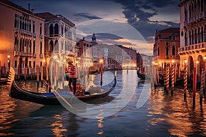 Gondola on Grand Canal, Venice, Italy at sunset, AI Generated