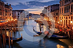 Gondola on the Grand Canal in Venice at sunset, Italy, AI Generated