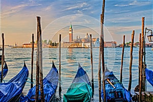 Gondola moored at Molo San Marco in Venice Italy