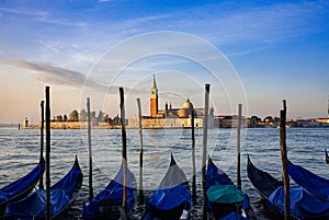 Gondola moored at Molo San Marco in Venice Italy