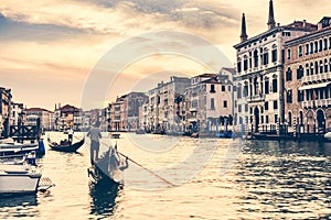 Gondola ride on Grand Canal in Venice, Italy at sunset