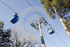 Gondola ski lift in high above forest trees