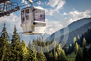 gondola ski lift in mountain ski resort, green forest