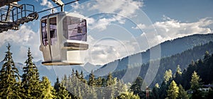 gondola ski lift in mountain ski resort, green forest