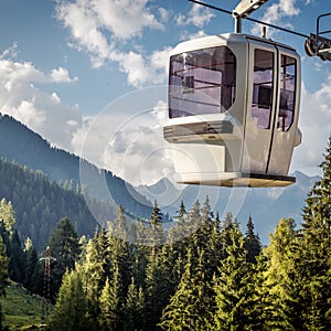 gondola ski lift in mountain ski resort, green forest